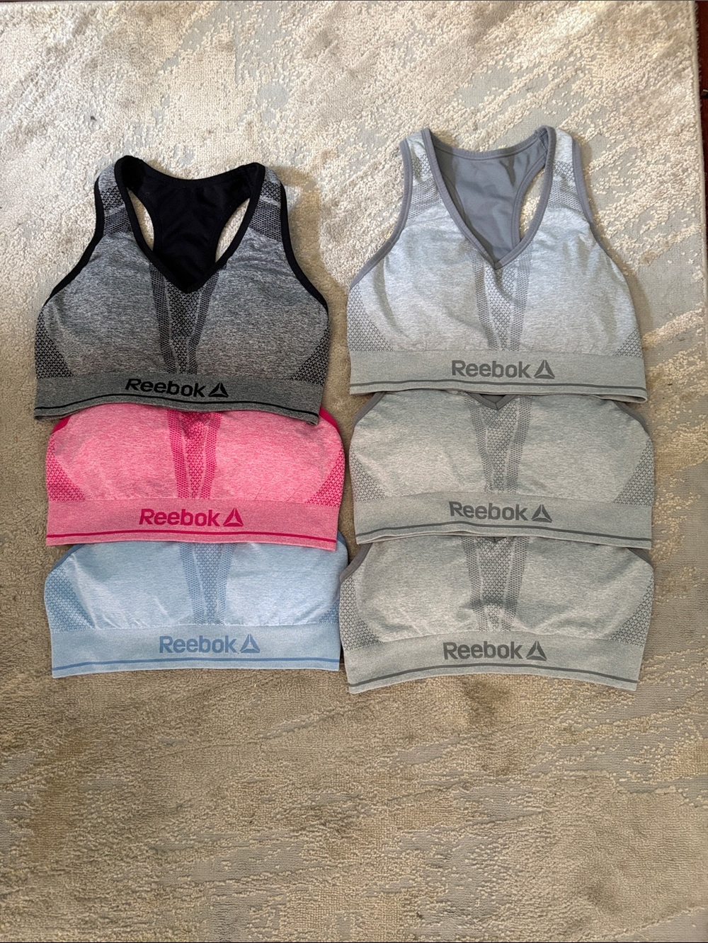6 Reebok Racerback Sports Bras - 3 Gray, 1 Pink, 1 Blue, 1 Black